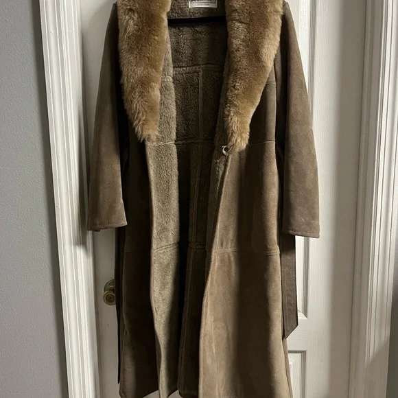 Women's Vintage Suede Fur Lined Brown Fur Collar Coat - Picture 6 of 10